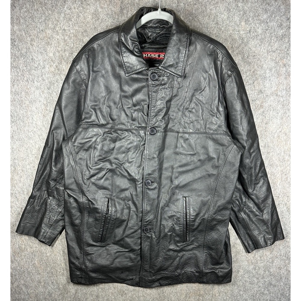 Vintage Phase 2 Genuine Leather Car Coat Mens XL Black Button Lined Jacket